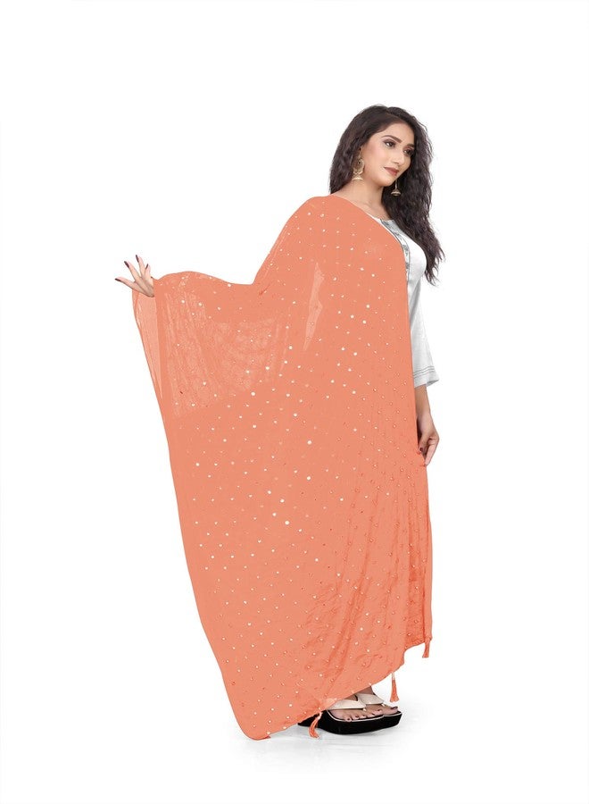themilestocks TMS Woman's Embroidered Chiffon Dupatta Scarf Shawl Wrap Soft Indian Bridal Wedding (Coral) - Image 2